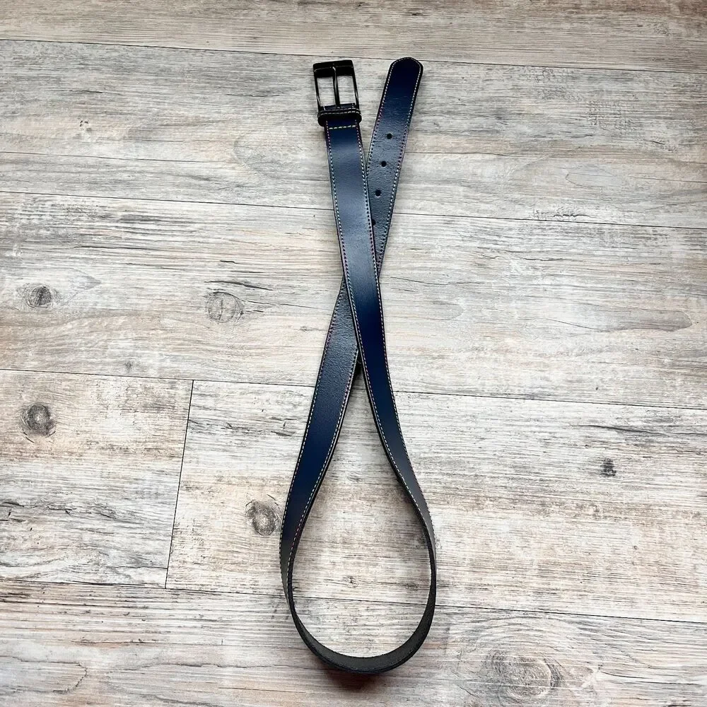 ASOS Genuine Leather Belt Black Rainbow Stitch Size 34 Statement Minimalist